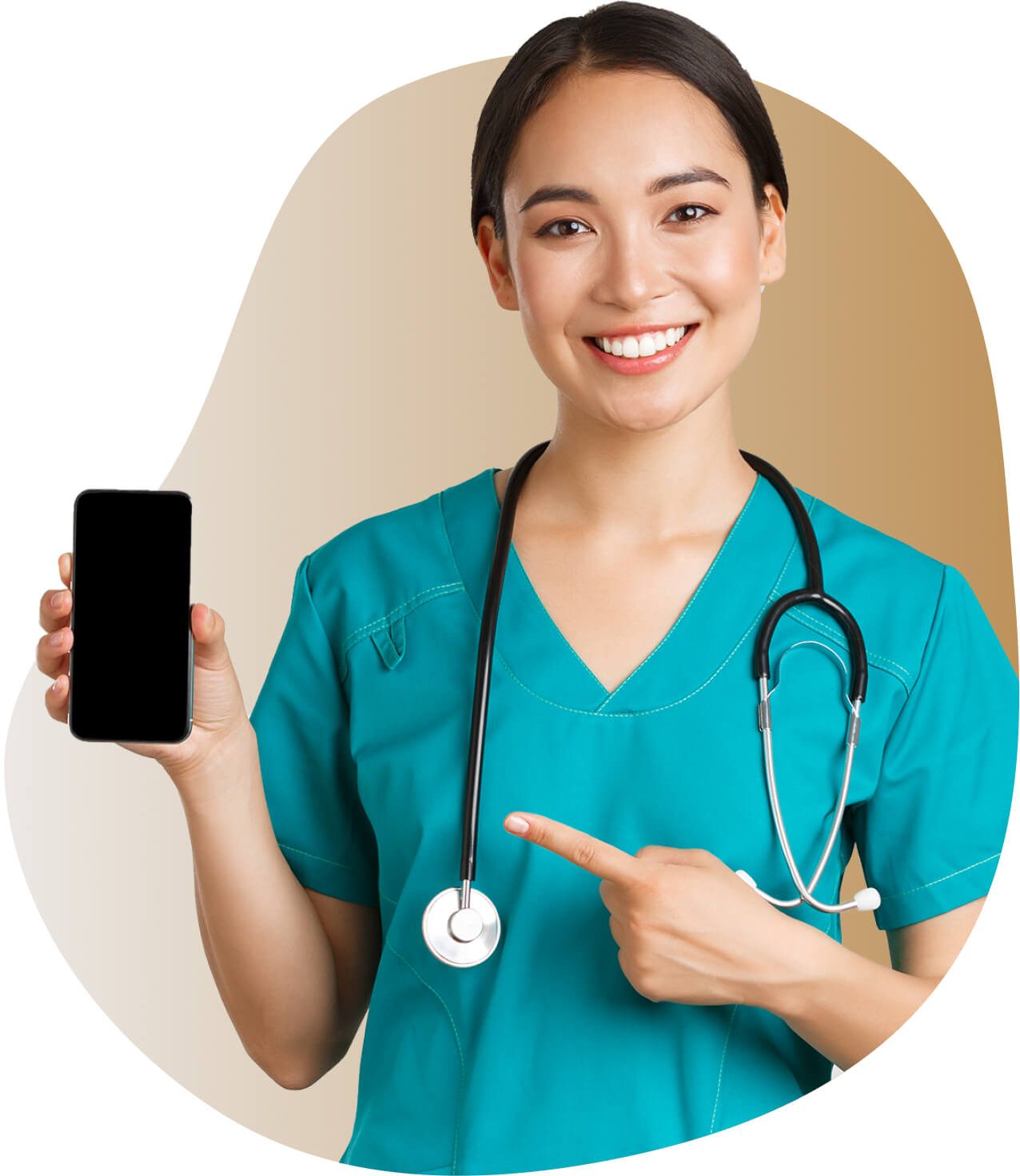 Portrait of a medical staff member, pointing at her phone.