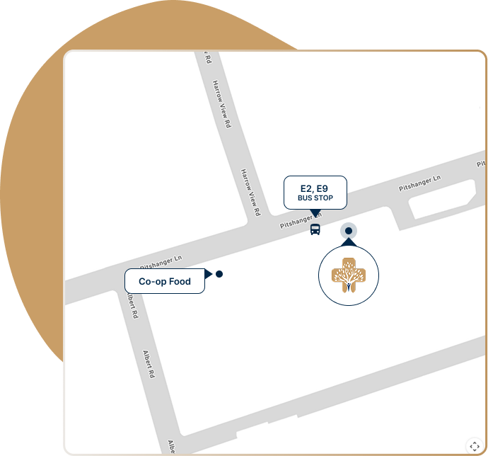 Pitshanger Clinic Map showing bus stops