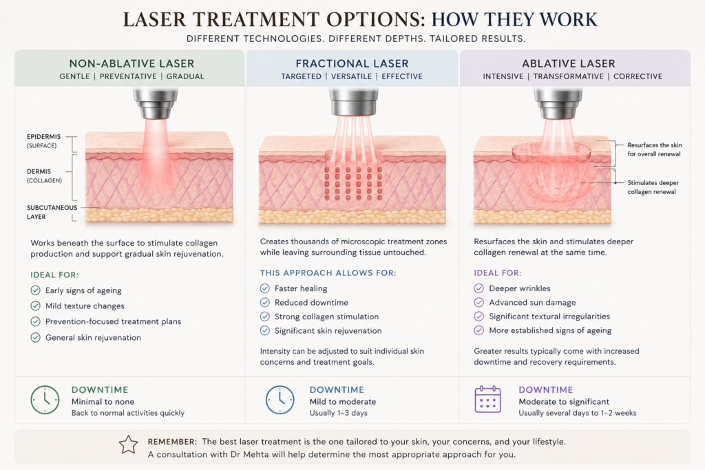 Illustration of different types of laser and how they work within the skin.