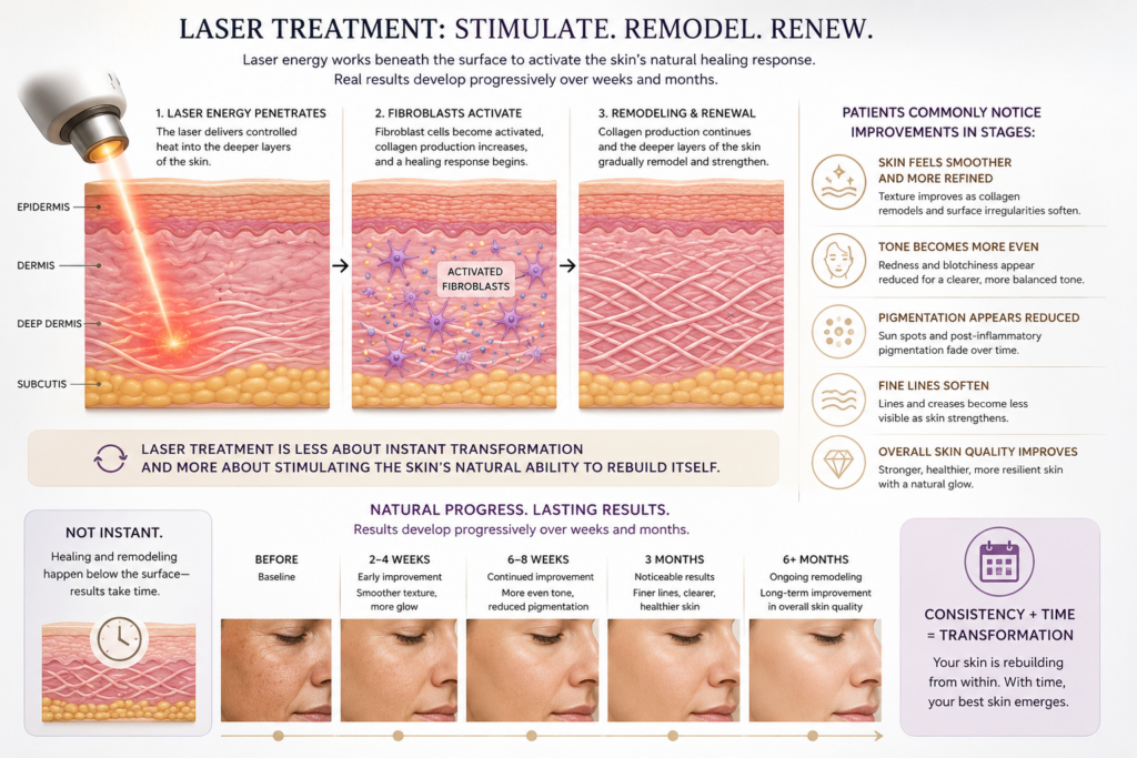 A visual representation of a laser treatment, showing different stages of the treatment